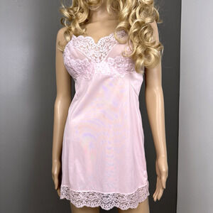 Vintage Hollywood Vassarette Pink Nylon Lace Slip Chemise Nightgown Size 34D USA